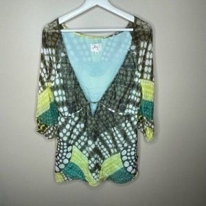 Milly Green Blue Low V Silk Tunic‎ Top Vintage
